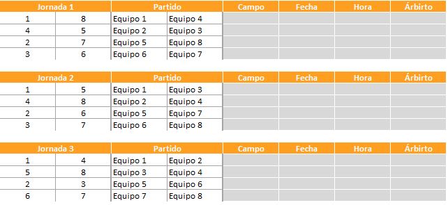 Calendario de torneo con 8 equipos - fase de grupos
