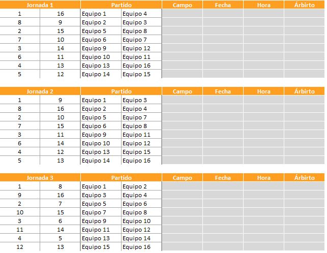 Calendario de torneo para 16 equipos con fase de grupos