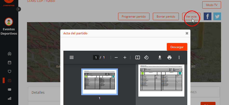 Acta arbitral digital del partido o fixture