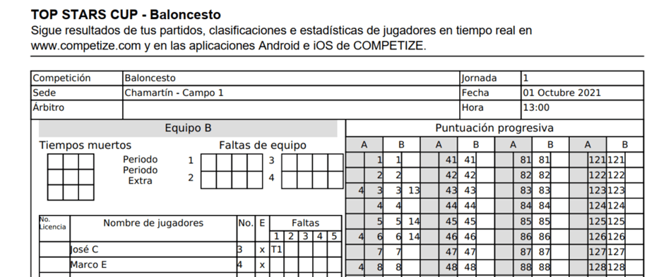 Acta digital para torneos y ligas de baloncesto