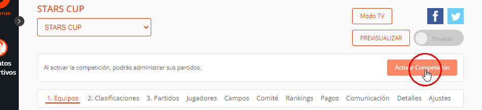 Activar competición en un torneo, liga o campeonato