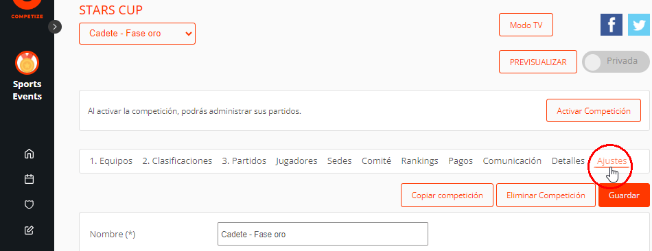 Ajustes de las fases o divisiones oro, plata, bronce