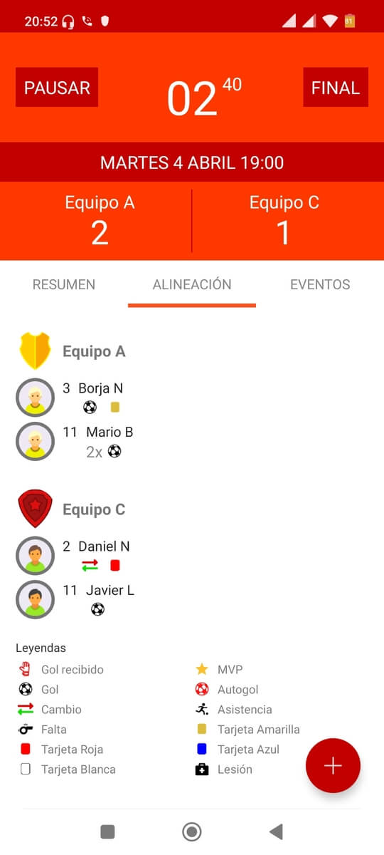 Alineación del partido en el cronómetro de una app o aplicación móvil