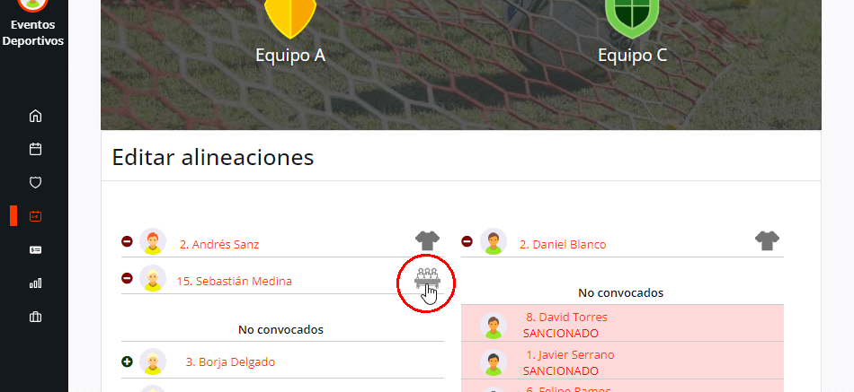 Alineaciones de jugadores convocados, titulares y suplentes