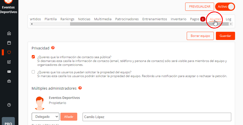 Añadir administrador, entrenador, delegado del club