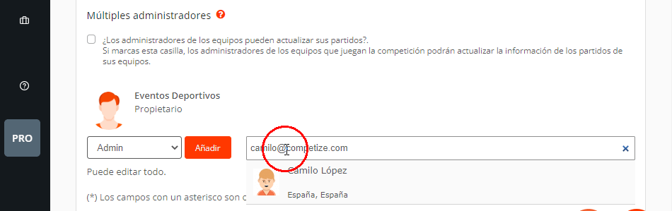 Añadir administradores de eventos deportivos, torneos y ligas