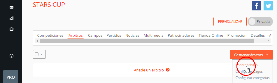 Añadir árbitros al torneo, liga o campeonato