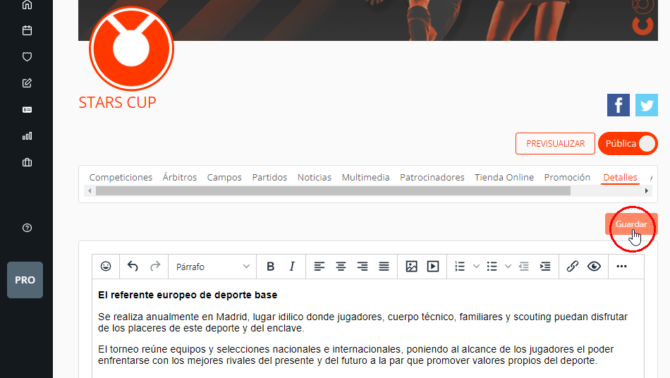 Añadir detalles en la página web del torneo o liga