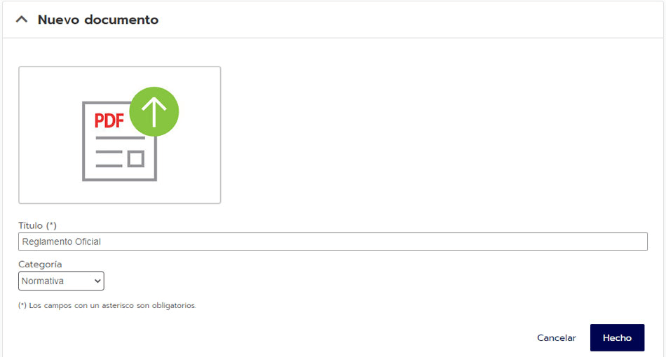 Añadir documentos en una página web para eventos deportivos