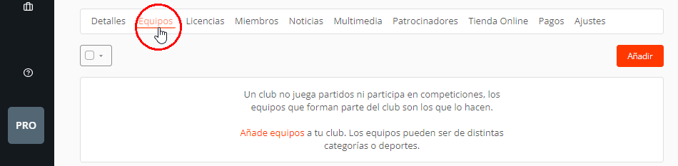 Añadir equipos a clubes deportivos para tramitar licencias