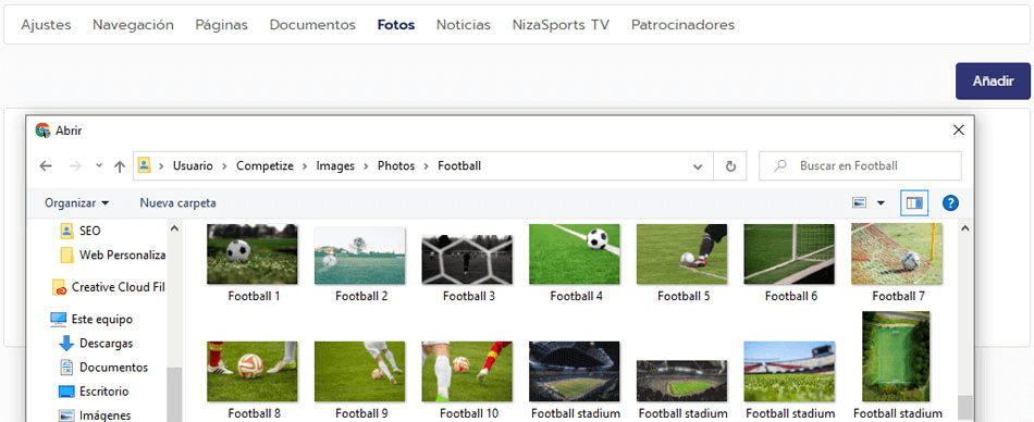 Añadir fotos a la página web para eventos deportivos
