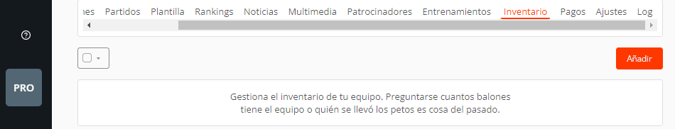 Añadir inventario del material deportivo y de entrenamiento de los equipos