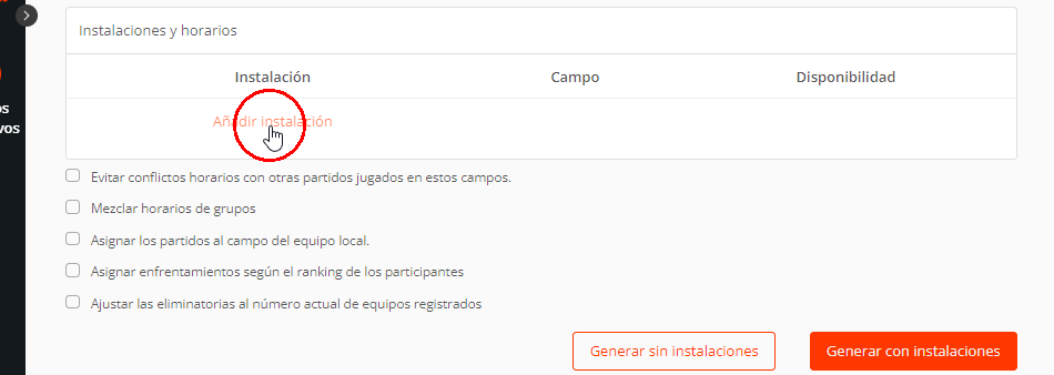 Añadir sede con campos, pistas, canchas