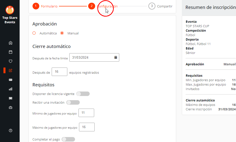 Aprobación, fecha límite y pagos en inscripciones