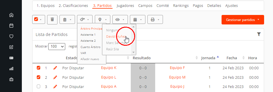 Filtrar partidos de un torneo, liga o campeonato