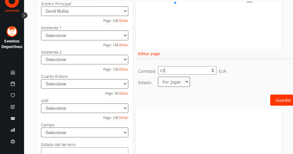 Asignar a árbitros pagos por arbitraje en partidos
