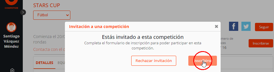 Aviso de invitación para inscribir jugadores en una competición