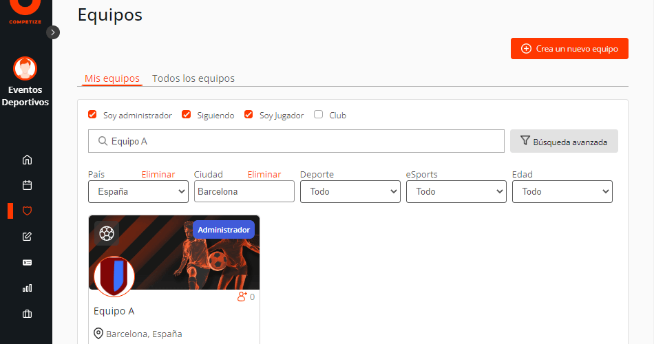 Buscar equipos y clubes deportivos de fútbol, baloncesto, eSports