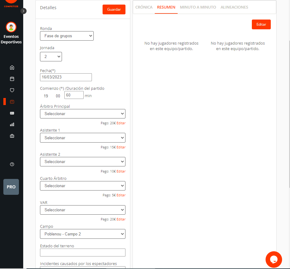 Campos, pistas, sedes y árbitros del partido