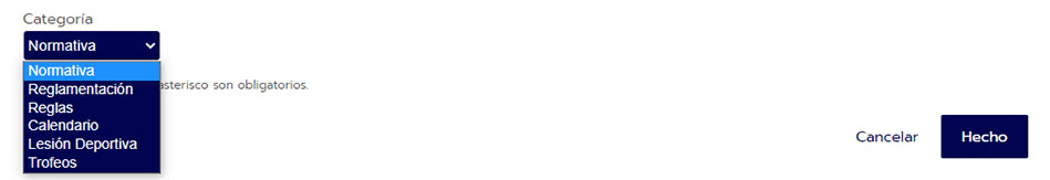 Categorías de documentos en una página web para eventos deportivos