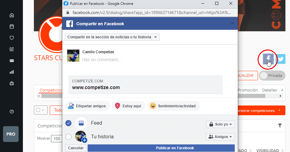 Compartir eventos deportivos con jugadores y delegados en Facebook
