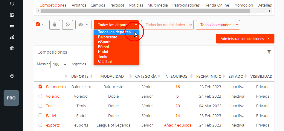 Competiciones del torneo, liga o campeonato deportivo