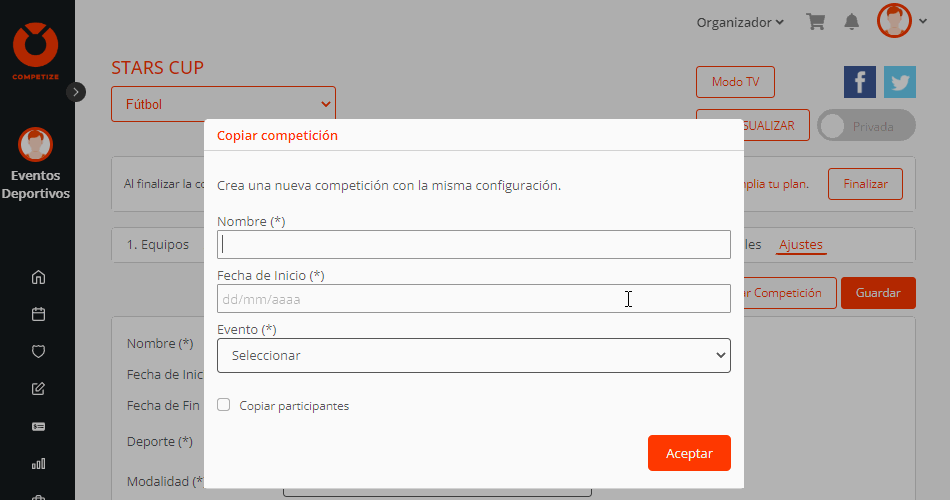 Copiar competiciones en torneos, ligas o campeonatos