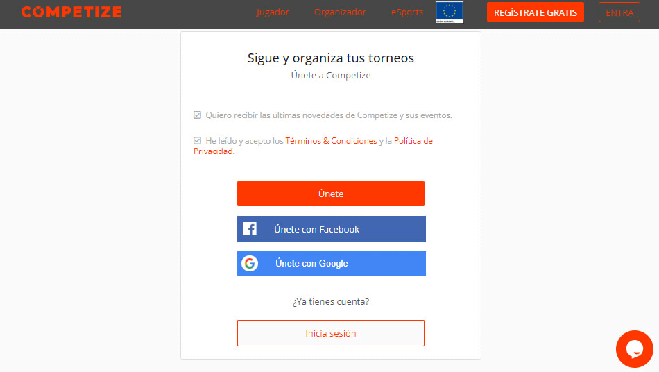 Crear cuenta y registrarse gratis en COMPETIZE