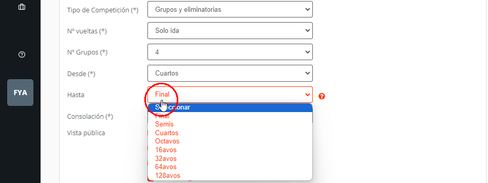 Crear eliminatorias, cruces, brackets o cuadro del torneo