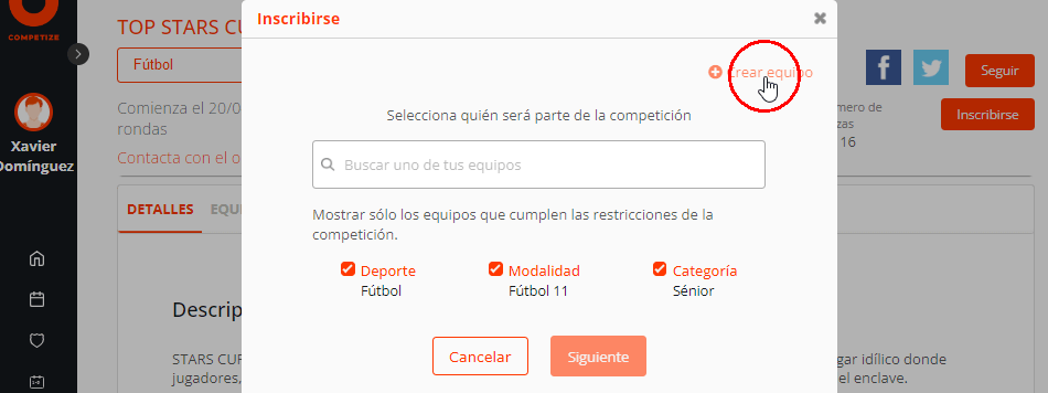 Crear un equipo en inscripciones online de un torneo