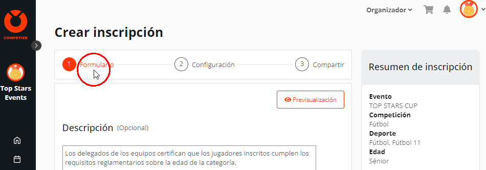 Crear un formulario de inscripción en un torneo o liga