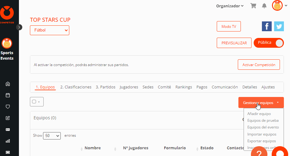 Crear inscripciones en torneos y ligas