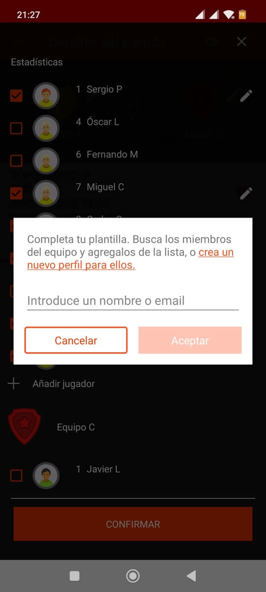 Crear jugadores en partidos del torneo o liga con una app