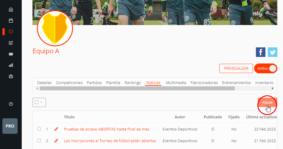 Crear noticias en la página web del equipo o club
