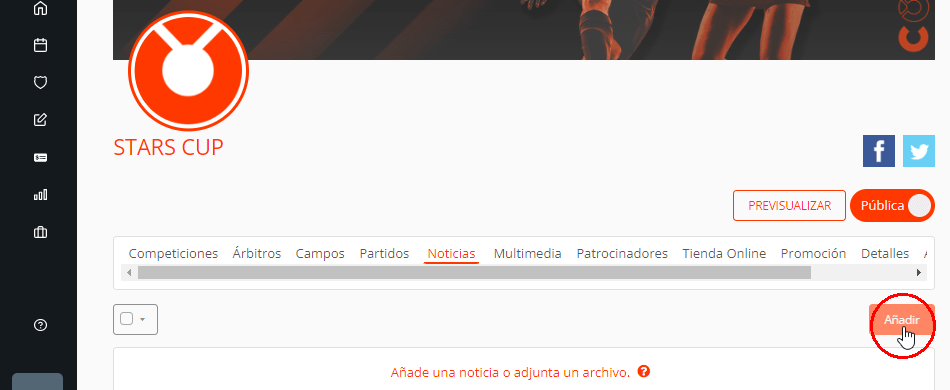 Crear noticias en la página web del organizador del torneo