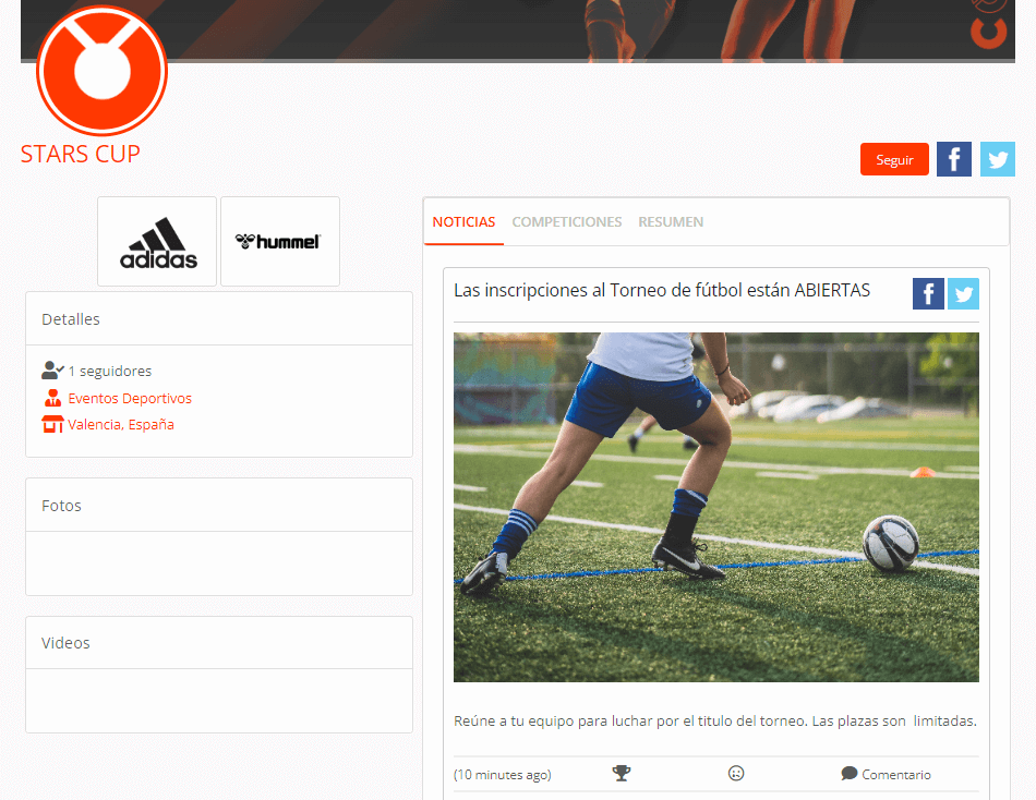 Crear noticias en la página web del torneo o liga