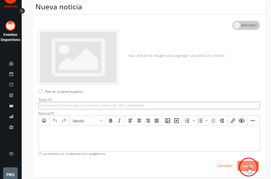 Crear noticias, publicar información y documentos del torneo