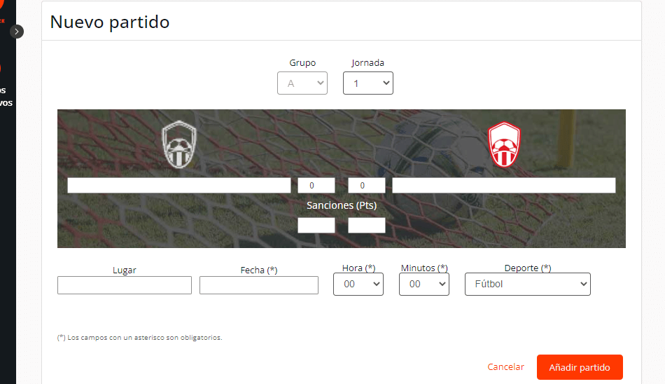 Crear un partido del torneo, liga o campeonato