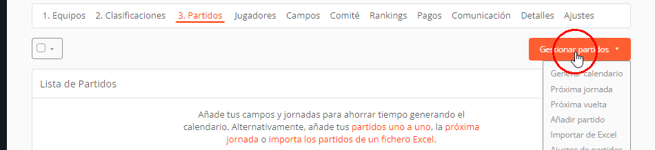 Crear partidos en competiciones de un torneo, liga o campeonato