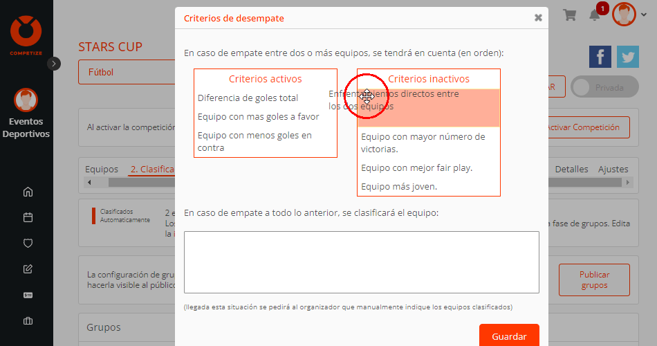 Criterios de desempate en tabla de clasificación del torneo, liga