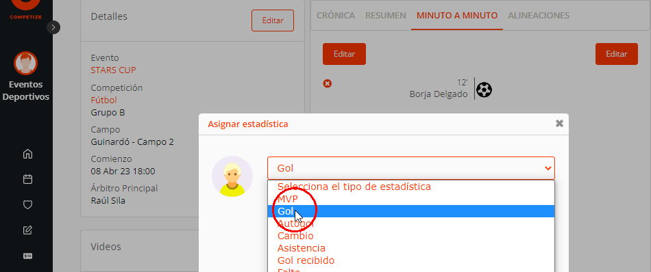Cronómetro al minuto con estadísticas de jugadores en el partido