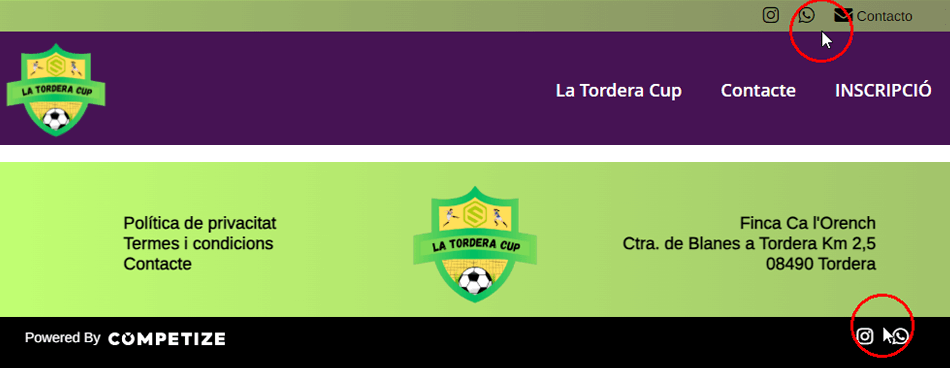 Datos de contacto en la página web para eventos deportivos