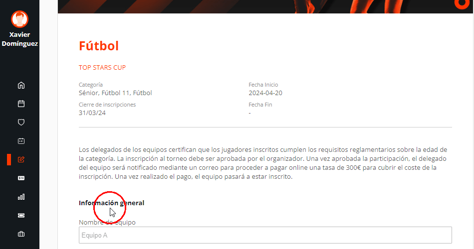 Datos del equipo para inscribirse online en un torneo