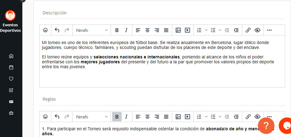 Descripción y reglas del torneo, liga o campeonato