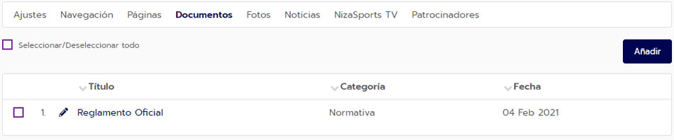 Documentos en un sitio web personalizado para torneos y ligas