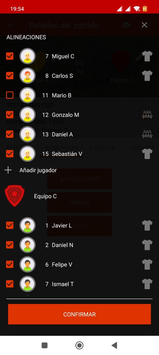 Editar alineación de jugadores en partidos del torneo con una app