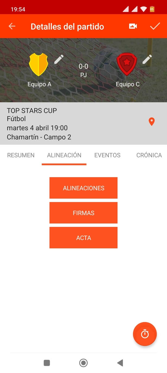 Editar alineaciones y actas en partidos del torneo con una app