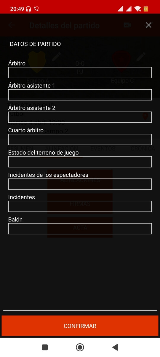 Editar árbitros e incidentes en partidos del torneo con una app