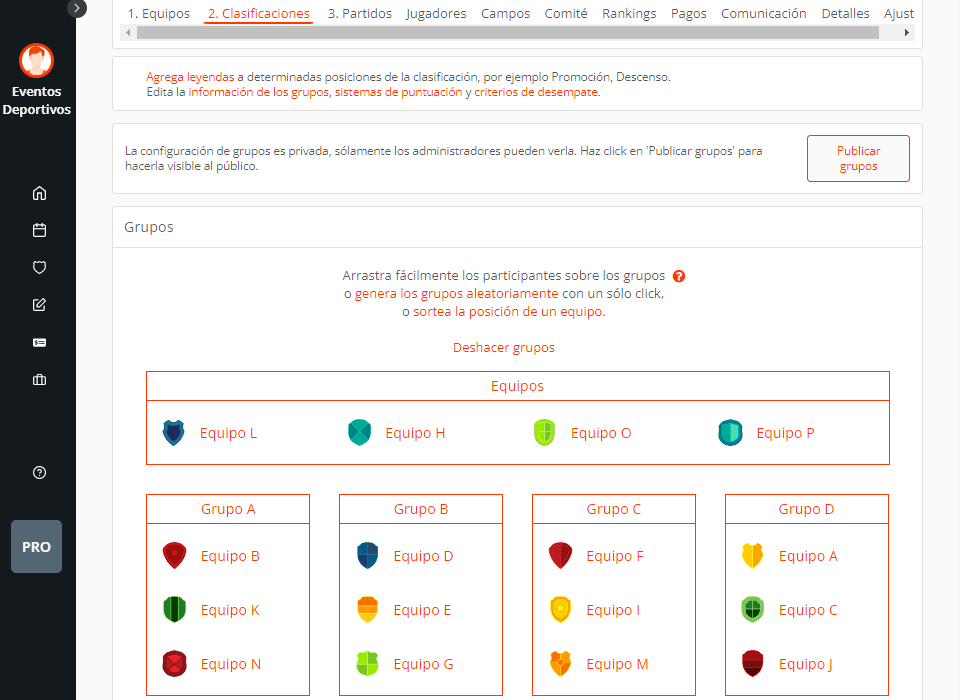 Editar clasificaciones, tablas o grupos de una liga