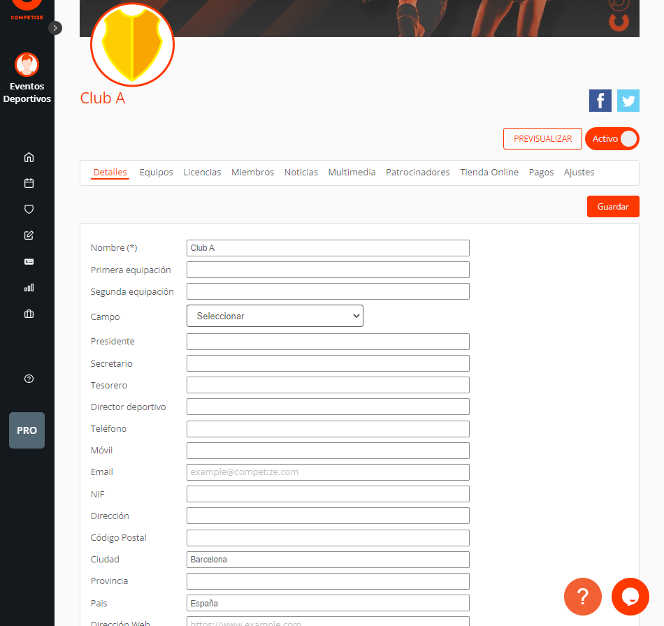 Editar clubes deportivos y sus equipos, miembros y delegados